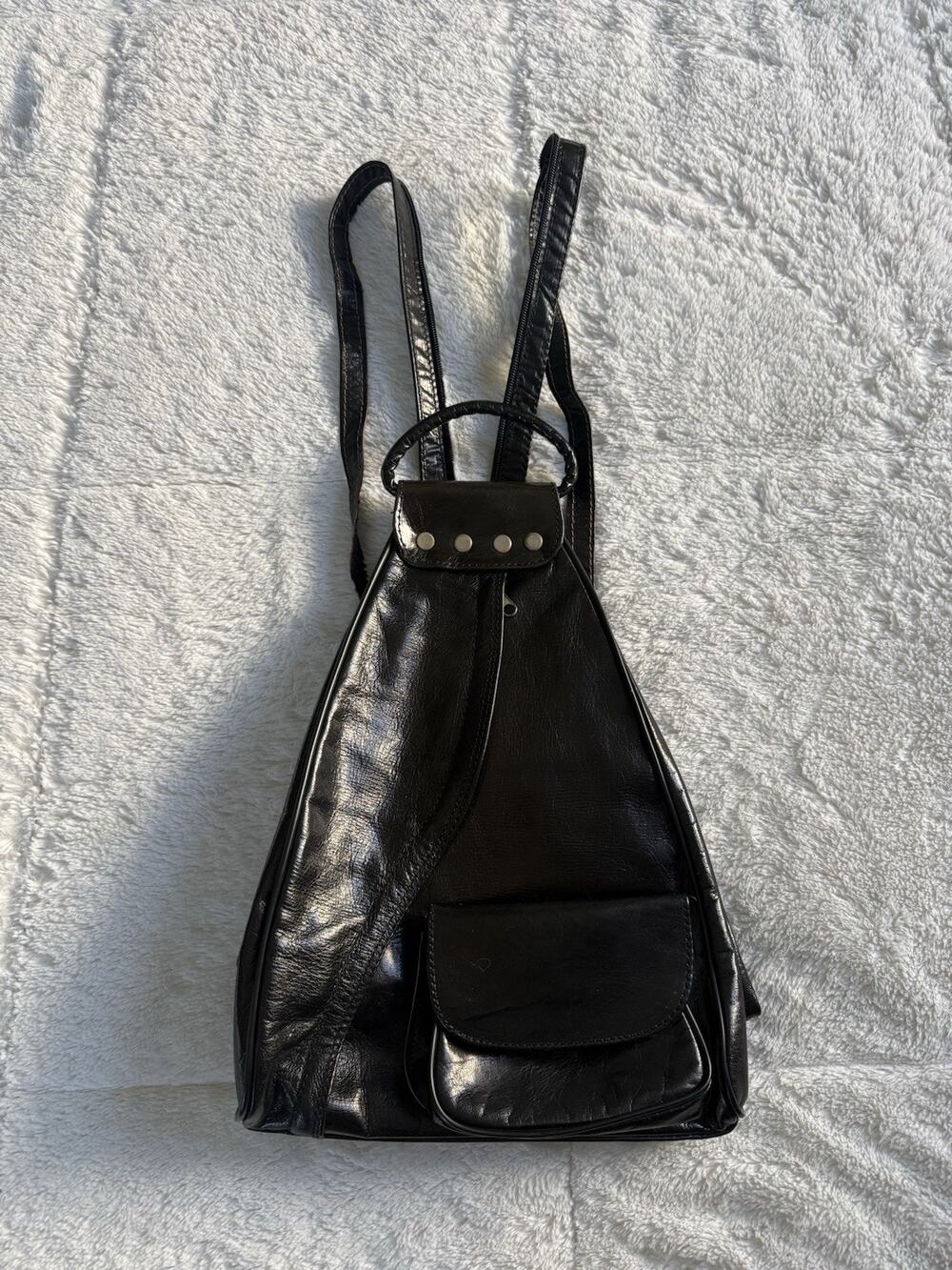 Vintage Y2K 90s Black Leather Triangle Sling Backpack